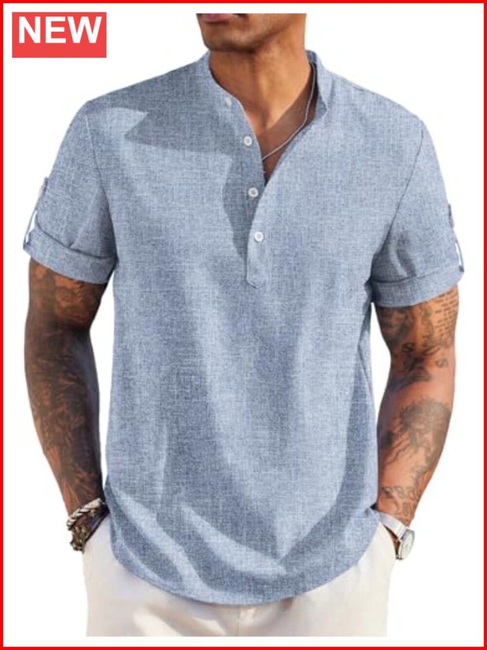 Mens Casual Henley Shirt Short Sleeve Linen T-Shirt Summer Beach Top